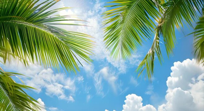 Summer background with green palm leaves on a blue sky background, art wallpaper, botanical tropical leaves, sunlight.