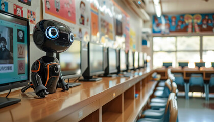 Robot teachers engage students in a high-tech classroom. Advanced AI robots to help students in education