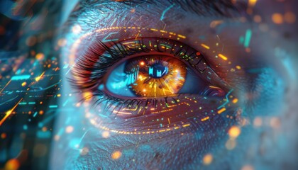The Optical Biometrics Eye Futuristic Cyberspace Technology Neural Network with Beautiful Colors Scan
