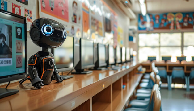 Robot teachers engage students in a high-tech classroom. Advanced AI robots to help students in education