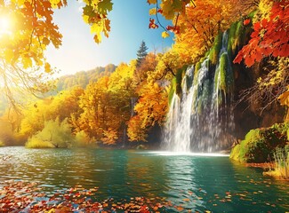 Naklejka premium Waterfall in autumn forest with sunlight through trees. Beautiful nature landscape. Fall season concept. Design for wallpaper, banner, background with copy space