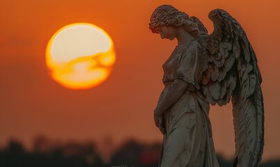 Fototapeta premium At dawn, an angelic silhouette stands tall against the rising sun, in the celestial tapestry.