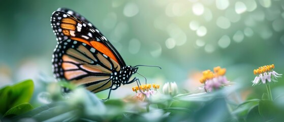 Obraz premium Vibrant butterfly perched on blooming flowers in a serene garden, showcasing nature's beauty and tranquility in a peaceful setting.