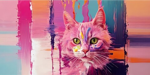 Image of a cat head with green eyes on a multicolored background of jagged lines. 