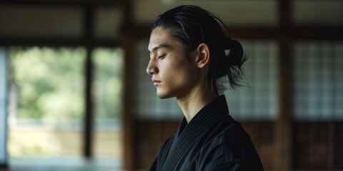 Morning meditation, zen, or chakra balancing at a Japanese dojo with martial arts men. Peaceful, peaceful fighter, mma, or karate practitioner for yoga, wellbeing, or floorwork