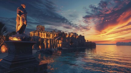 Realistic photo of the colossus of rhodes ancient wonder and greek city by the sea at sunset