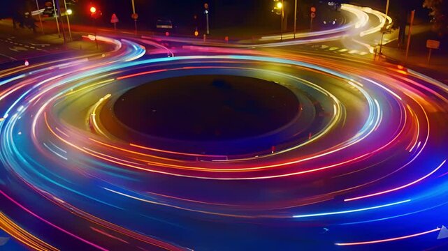 A hypnotizing display of circular light trails at a suburban roundabout transforming the once quiet intersection into a colorful spectacle.