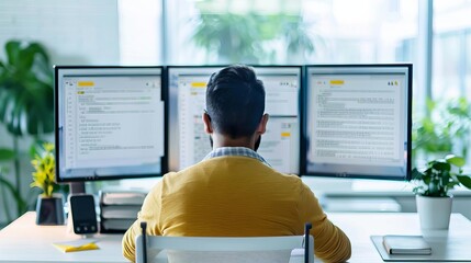 Secretary managing emails on multi-screen setup, communication, productivity