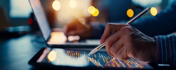 Programmer writing code on a tablet with stylus, modern workspace, creativity