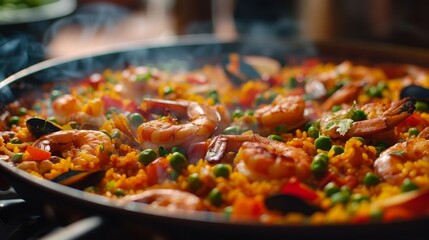 Captivating photo of a flavorful paella dish being cooked in a traditional frying pan