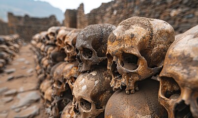 In a gruesome display, a macabre stack of human skulls lay piled high.