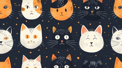 Seamless pattern with cute handdrawn cat faces on dark background