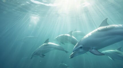Fototapeta premium A group of dolphins swimming in the ocean
