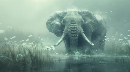 A large elephant is standing in a body of water, surrounded by grass and flowers