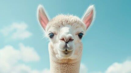 Obraz premium A white llama with pink ears is staring at the camera