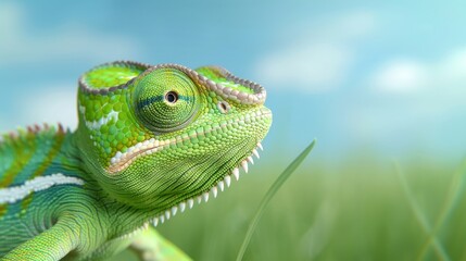 Obraz premium A green lizard with a long tongue is standing on a green grassy field