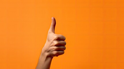Thumbs up gesture on orange background.