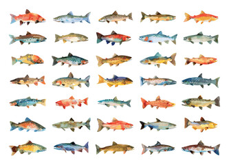 River Fishes Watercolour Icons Set Various Fish Species Vibrant Watercolour Style Colorful Aquatic Life Graphic Design Elements Freshwater Fish Collection Nature Illustrations Fish