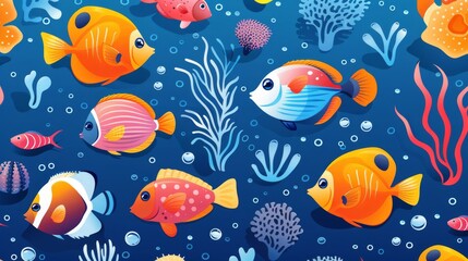 Naklejka premium Colorful Tropical Fish and Coral Seamless Pattern