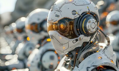 Fototapeta premium Female robot-operated automatic call center concept answers customer calls.