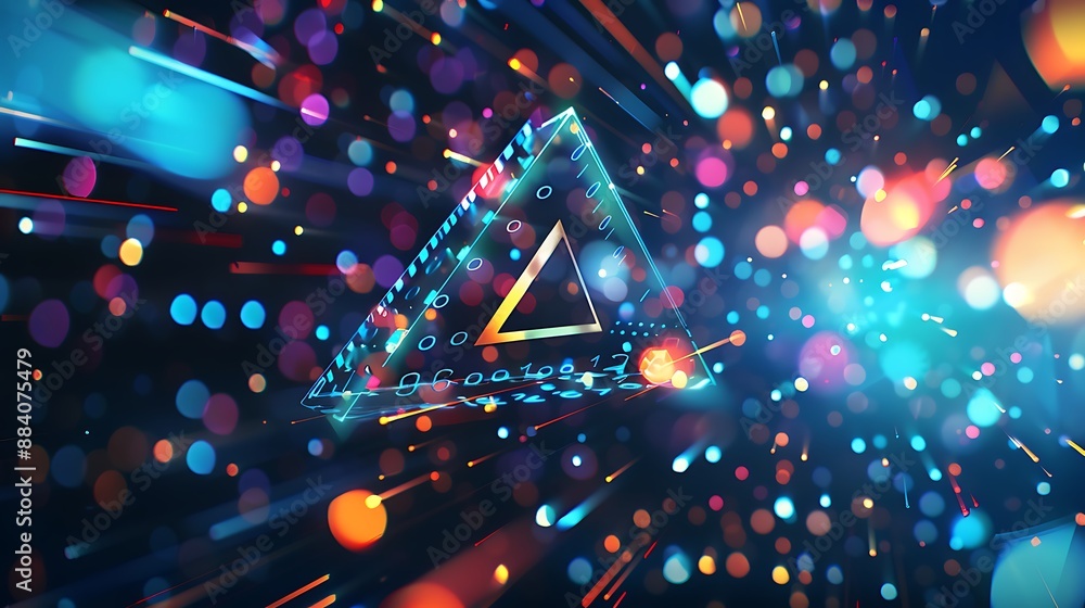 Poster glowing triangular prism surrounded by colorful lights and particles. ai generated
