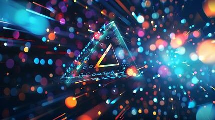 glowing triangular prism surrounded by colorful lights and particles. AI generated