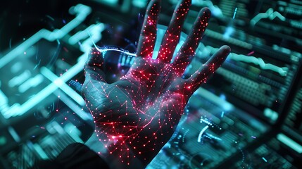 Fototapeta premium hand glowing with digital connections a symbol of the interconnected world. AI generated