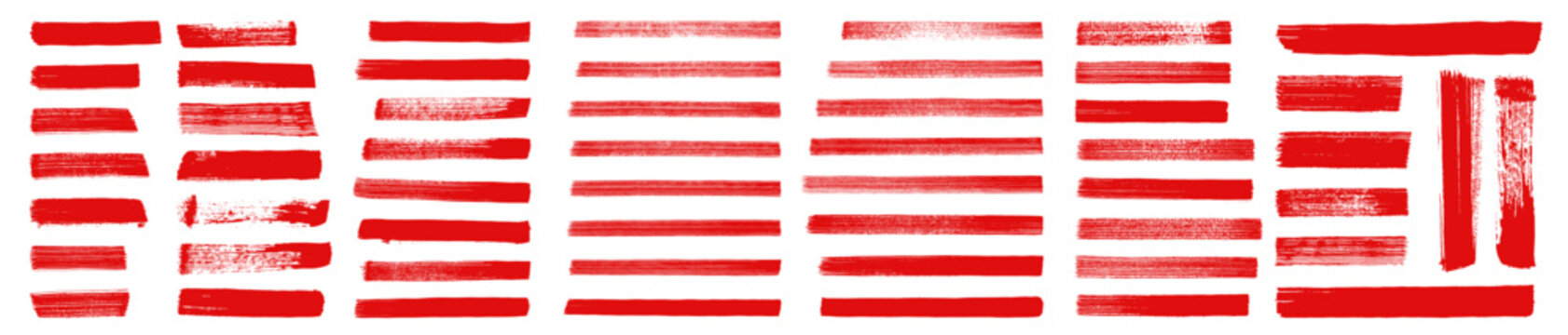 Red hand drawn stripes, smears, highlights. Bloody caution textbox brushstrokes set. Straight line vector brush strokes. Rough grunge thick paint line texture. Vector sketch rectangle text boxes