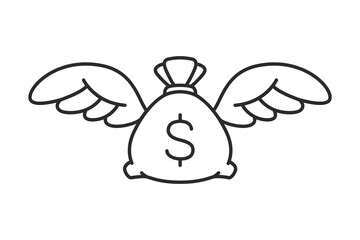 Flying money Icon. Cartoon vector Flying moneybag stroke illustration. 