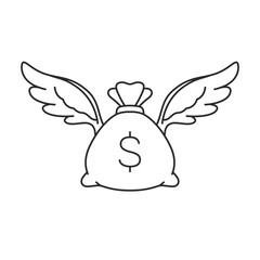 Flying Bag of Money Icon. Cartoon vector stroke illustration. 