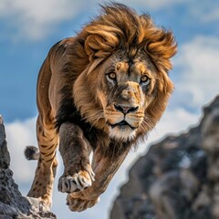Obraz premium a Painting on the wall with a highly detailed, photorealistic image of a lion that leaps from its cover By Generated AI