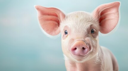 Fototapeta premium A pig with pink ears and a pink nose is looking at the camera