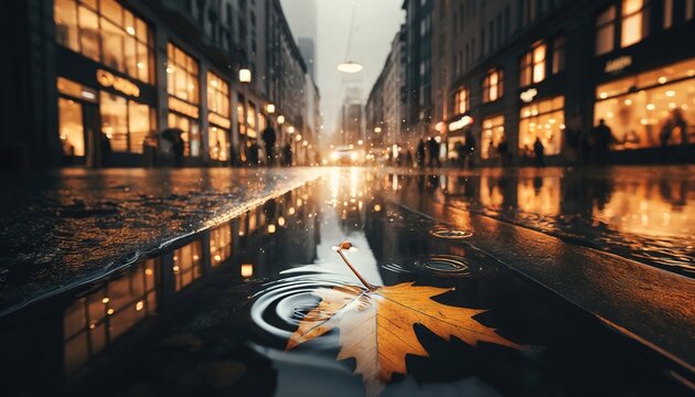 A maple leaf in a puddle on a city street during the rain in the evening