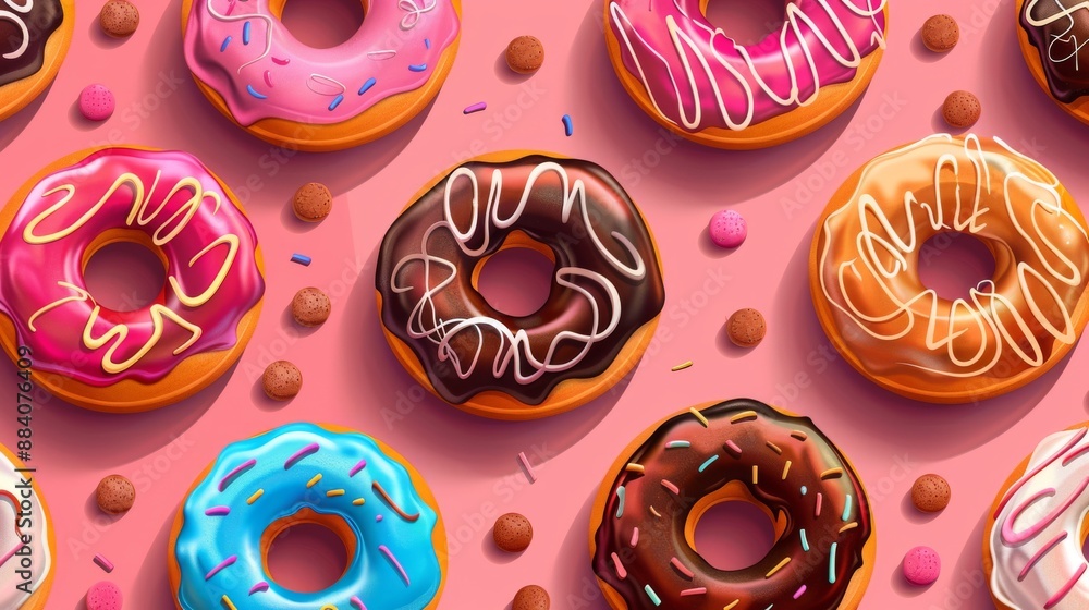 Poster scrumptious display of assorted donuts on pink background