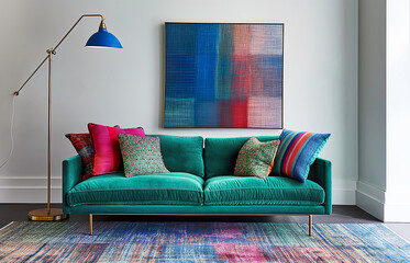 Vibrant teal velvet sofa in contemporary interior, abstract painting on the wall, colorful pillows, blue floor lamp. Ideal for interior design mockup and advertisement. Generative AI.