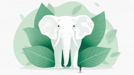 A cartoon elephant is standing in front of a green leafy background