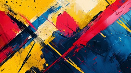 Abstract painting with bright red, blue, and yellow brushstrokes