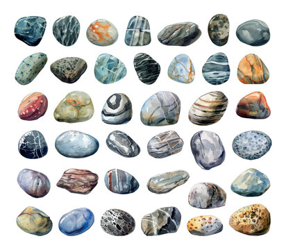 Sea Pebbles Icons Set Low Detailed Line Sketch Crisp Contours White Background Watercolour Illustration Minimalist Flat Design Decorative Elements Nature Stones Rocks Coastal Beach