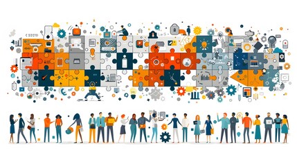 A group of people are standing in a circle, with a large puzzle piece in the background. The puzzle piece is made up of many smaller pieces, each with a different color and shape