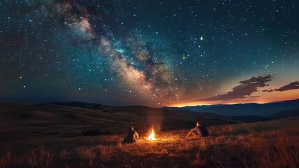 People enjoying camping with a small campfire and a beautiful sky with a view of the Milky Way, Geenerative AI