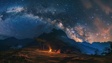 People enjoying camping with a small campfire and a beautiful sky with a view of the Milky Way, Geenerative AI