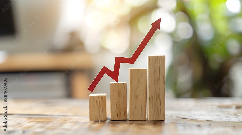 Poster red arrow points upwards showing growth above wooden blocks stacked in ascending order. ai generated