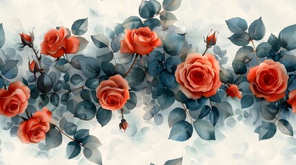 A painting of a bunch of red roses with blue leaves. The roses are in various sizes and are arranged in a way that they seem to be growing on a vine. The painting has a serene and calming mood