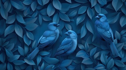 Three birds are perched on a leafy branch in a blue background
