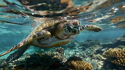 Obraz premium sea turtle gracefully glides through the turquoise waters surrounded by vibrant coral reefs. AI generated