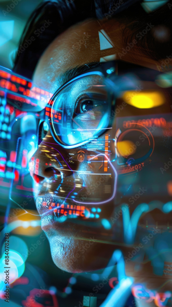Aufkleber man with glasses looking at a screen with digital data projected over his face
