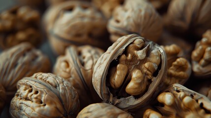 Fototapeta premium Detailed macro photography of walnuts and top down view of nuts in high resolution
