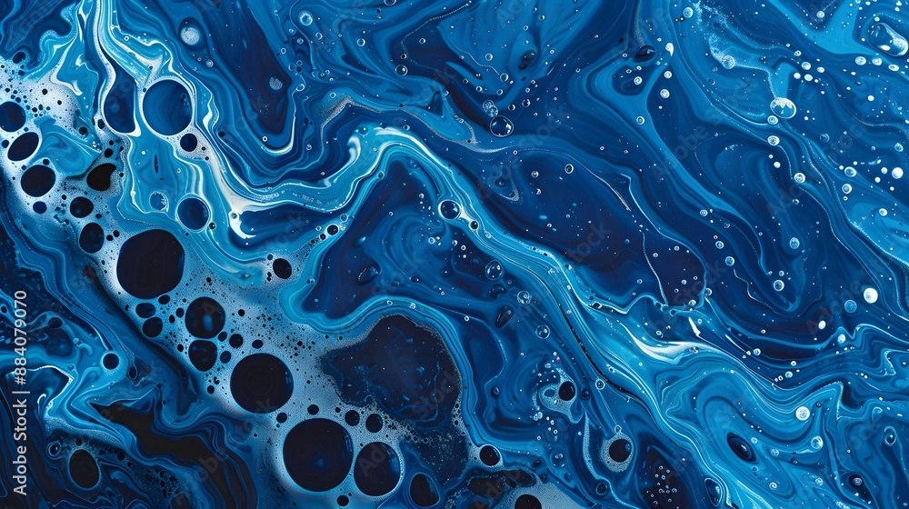 Poster intricate blue liquid patterns and shapes, creating a fluid and artistic background.