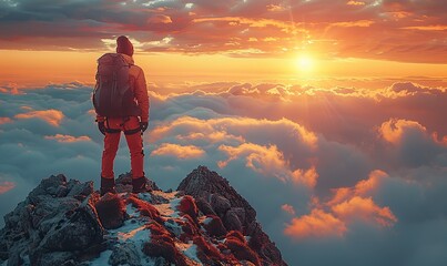 Obraz premium The sunset scene symbolizes the climber reaching the peak of the mountain, representing success in competition and the concept of leadership.