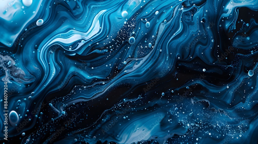 Poster intricate blue liquid patterns and shapes, creating a fluid and artistic background.